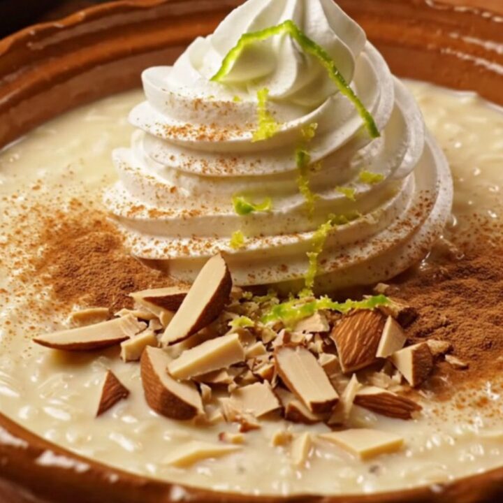 A close-up of creamy Tres Leches Horchata Rice Pudding in a stoneware bowl topped with dulce crema and almonds.