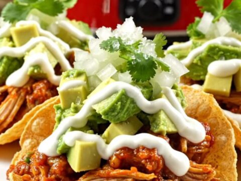 A vibrant plate of crispy chicken queso birria tostadas topped with fresh avocado and cilantro.