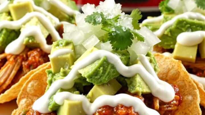 A vibrant plate of crispy chicken queso birria tostadas topped with fresh avocado and cilantro.