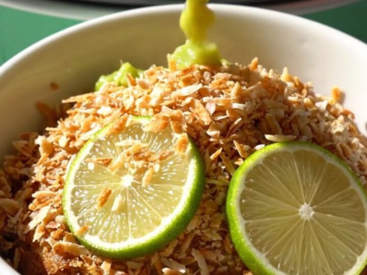 A close-up of a bubbling key lime dump cake in a seafoam green Crockpot with golden crust and lime zest.