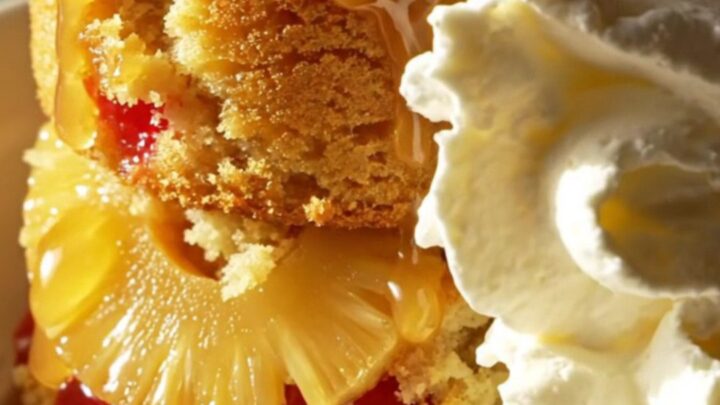 A warm pineapple upside-down cake served in a dessert bowl, topped with whipped cream.