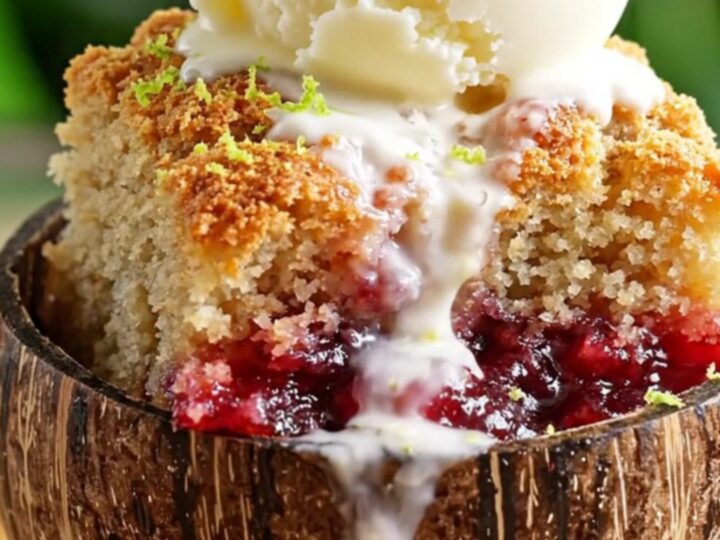 A warm tropical mango coconut macadamia dump cake served in a bowl with a scoop of coconut ice cream.