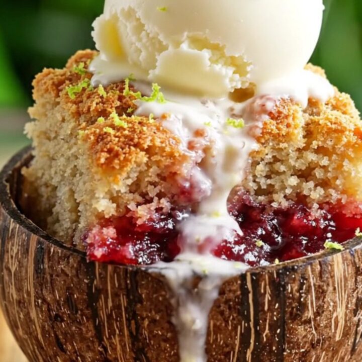 A warm tropical mango coconut macadamia dump cake served in a bowl with a scoop of coconut ice cream.