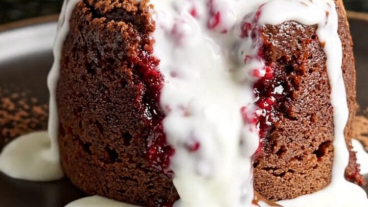 A steaming scoop of rich chocolate raspberry cake in a dark bowl with a dusting of cocoa and cream.