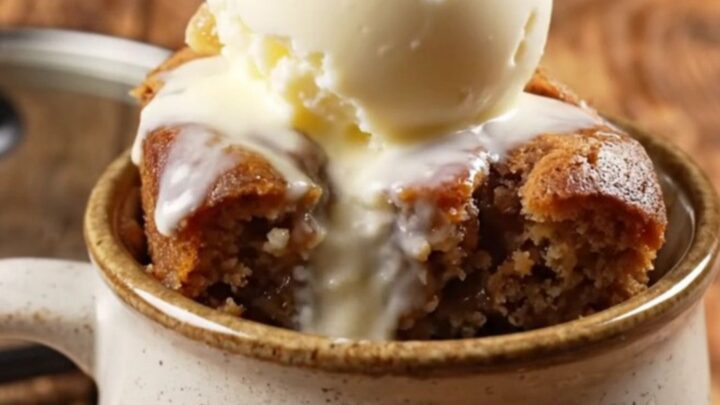 A warm, rustic Crockpot filled with spiced gingerbread pear dump cake topped with butterscotch.
