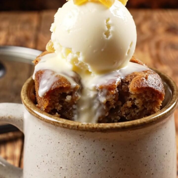 A warm, rustic Crockpot filled with spiced gingerbread pear dump cake topped with butterscotch.