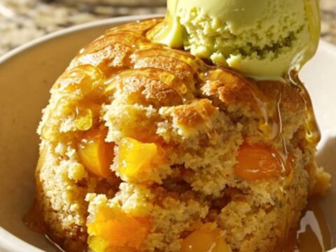 A warm, golden apricot honey almond dump cake served in a shallow bowl with a scoop of pistachio gelato on top.