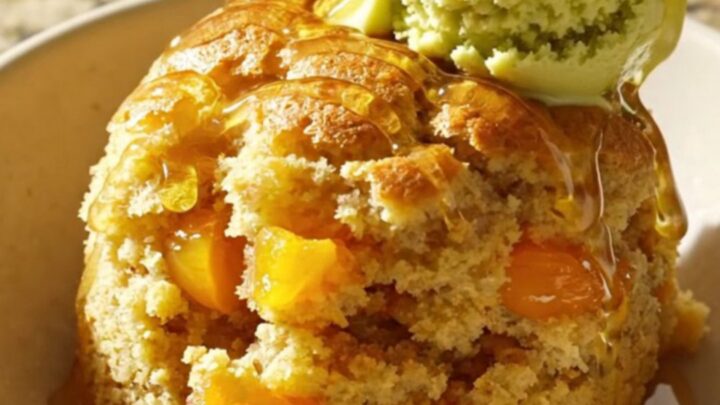 A warm, golden apricot honey almond dump cake served in a shallow bowl with a scoop of pistachio gelato on top.