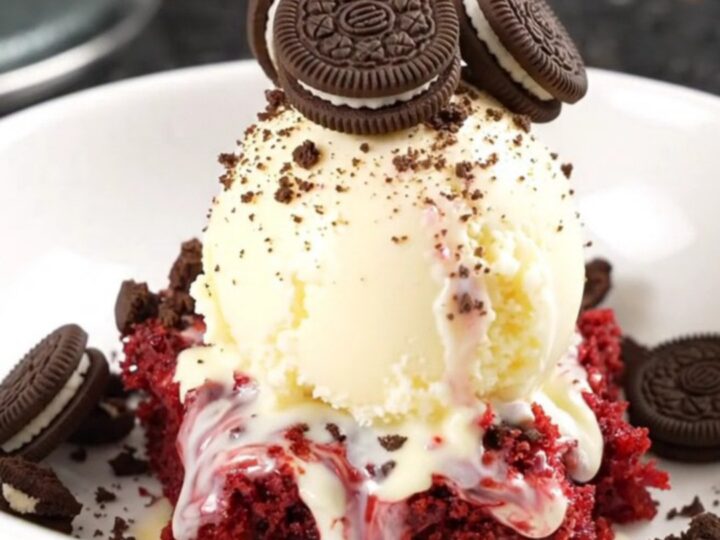 A crimson red velvet Oreo dump cake in a red Crockpot, with cream cheese and chocolate ribbons visible.