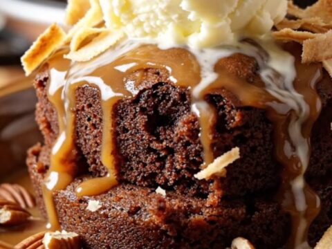 A scoop of warm German chocolate dump cake in a bowl topped with a scoop of melting vanilla ice cream and toasted coconut.