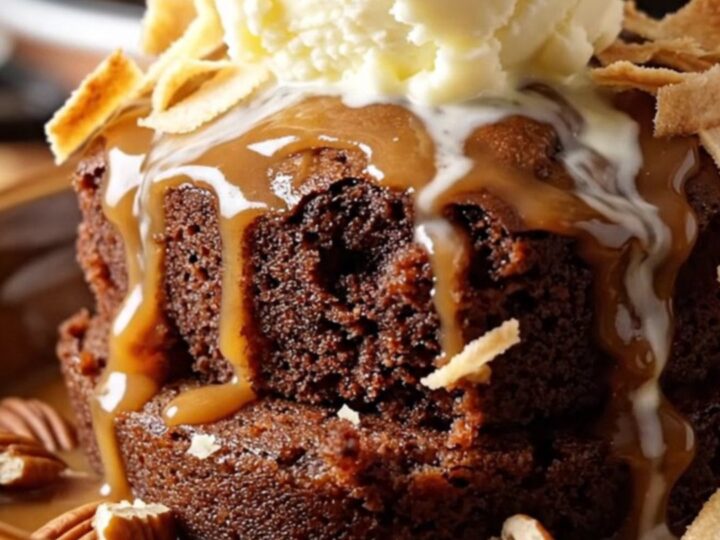 A scoop of warm German chocolate dump cake in a bowl topped with a scoop of melting vanilla ice cream and toasted coconut.