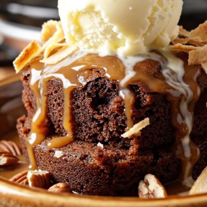 A scoop of warm German chocolate dump cake in a bowl topped with a scoop of melting vanilla ice cream and toasted coconut.