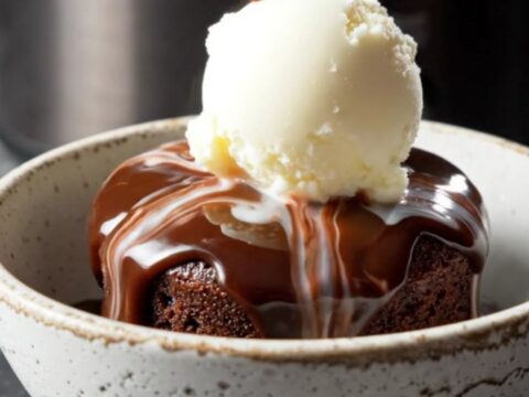 A glossy obsidian slow cooker filled with a rich chocolate lava cake, steam rising from the surface.