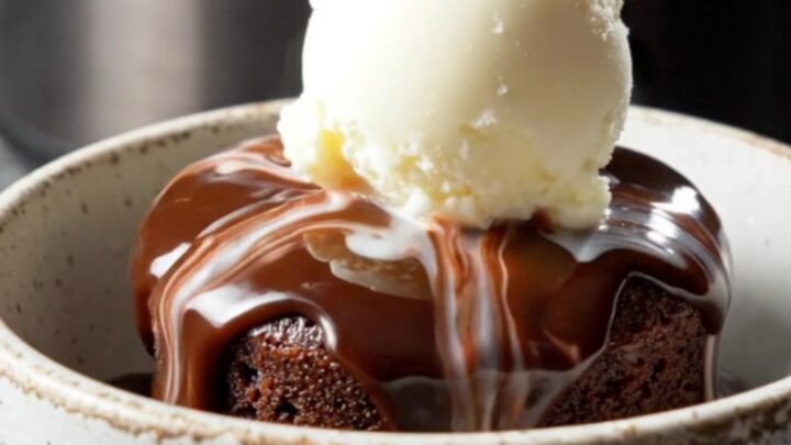 A glossy obsidian slow cooker filled with a rich chocolate lava cake, steam rising from the surface.