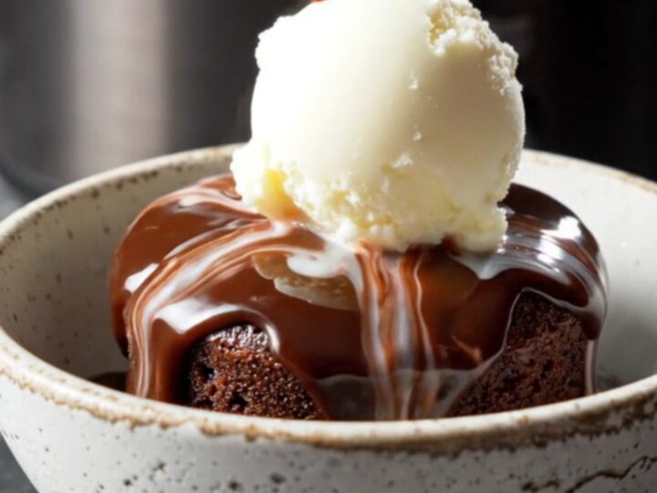 A glossy obsidian slow cooker filled with a rich chocolate lava cake, steam rising from the surface.