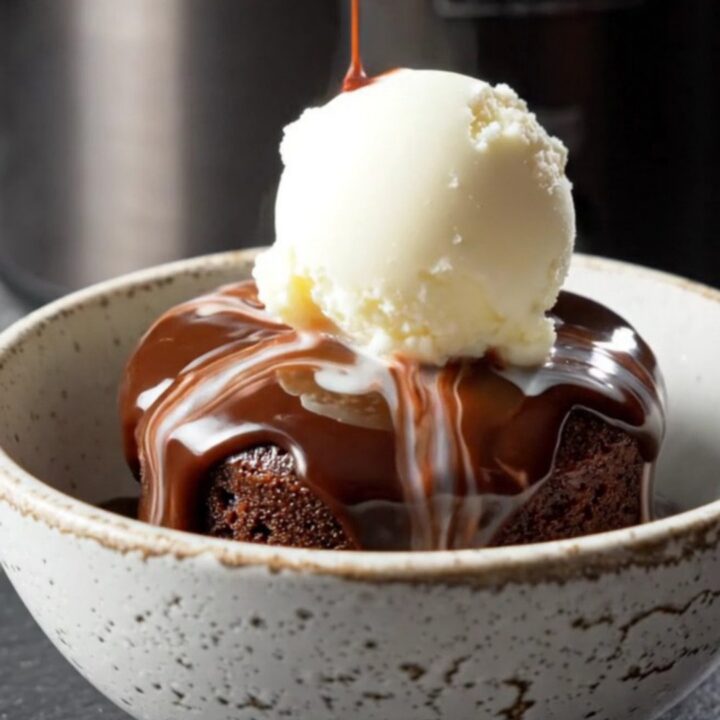 A glossy obsidian slow cooker filled with a rich chocolate lava cake, steam rising from the surface.