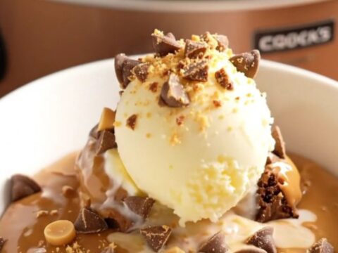 Close-up of a molten Reese's brownie pudding in a slow cooker with chocolate sauce.
