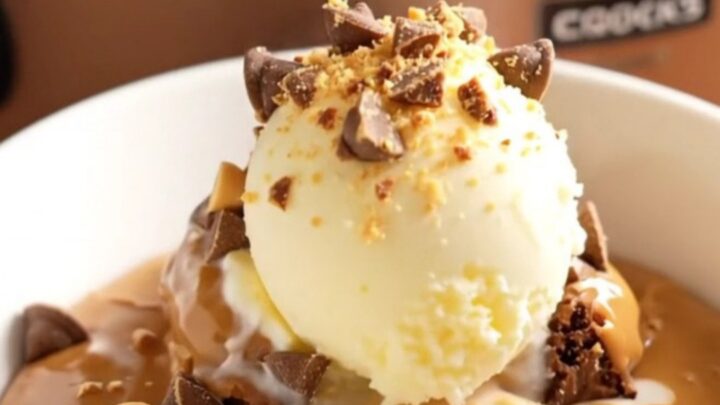 Close-up of a molten Reese's brownie pudding in a slow cooker with chocolate sauce.