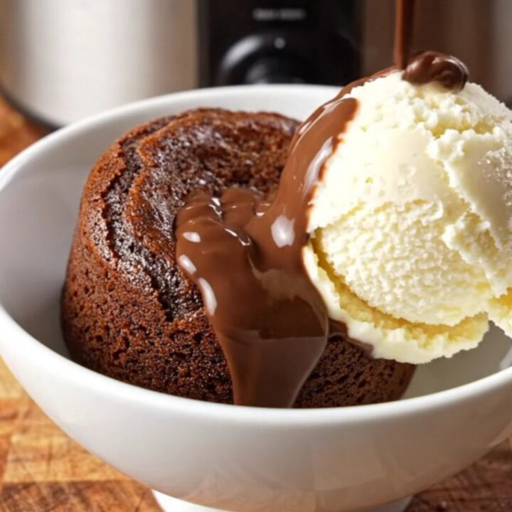 A close-up of a molten Nutella lava cake in a glossy brown slow cooker