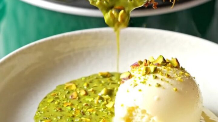 A close-up of a dark chocolate cake in a slow cooker with a molten green pistachio and kataifi center.