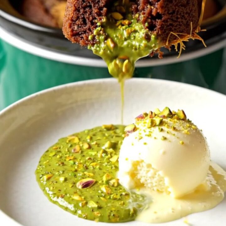 A close-up of a dark chocolate cake in a slow cooker with a molten green pistachio and kataifi center.