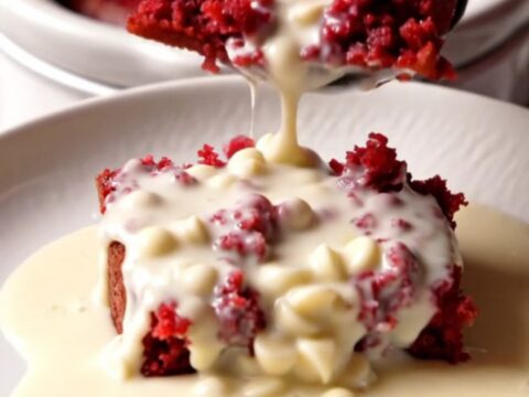 A close-up view of a red velvet lava cake in a white ceramic slow cooker with a spoon lifting a molten center.