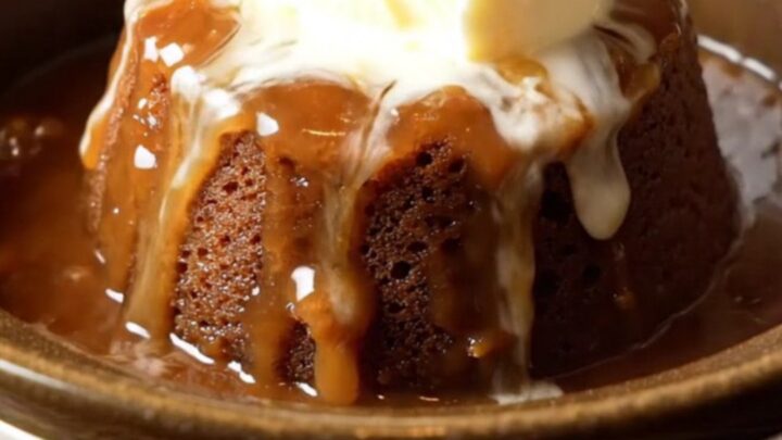 A steaming crockpot sticky toffee pudding topped with a dollop of clotted cream in a dark bowl.