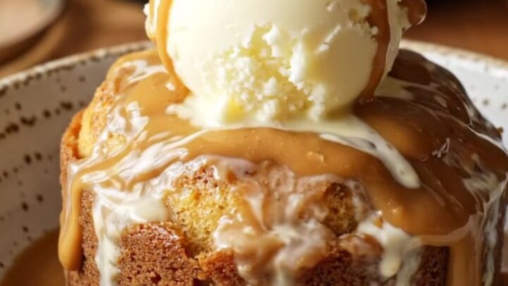 A steaming, golden Biscoff lava cake in a slow cooker, topped with ice cream and a whole cookie.