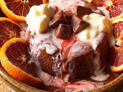 A close-up of dark chocolate blood orange lava pudding in a bowl, topped with candied citrus slices and cream.
