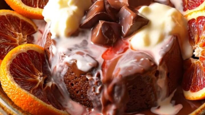 A close-up of dark chocolate blood orange lava pudding in a bowl, topped with candied citrus slices and cream.