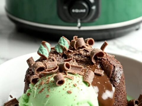 A close-up of a dark chocolate Crockpot lava cake being scooped to reveal a molten mint fudge center.