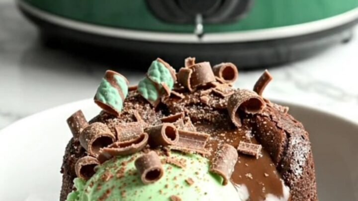 A close-up of a dark chocolate Crockpot lava cake being scooped to reveal a molten mint fudge center.