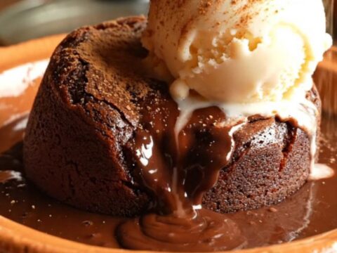 A close-up of a warm Mexican hot chocolate lava cake in a bowl, topped with ice cream.