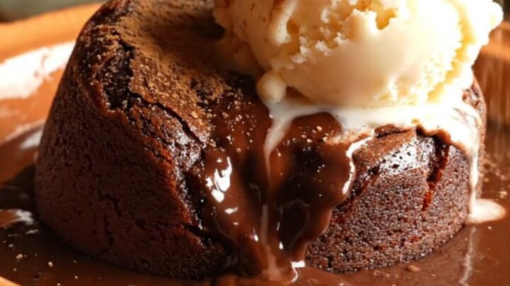 A close-up of a warm Mexican hot chocolate lava cake in a bowl, topped with ice cream.