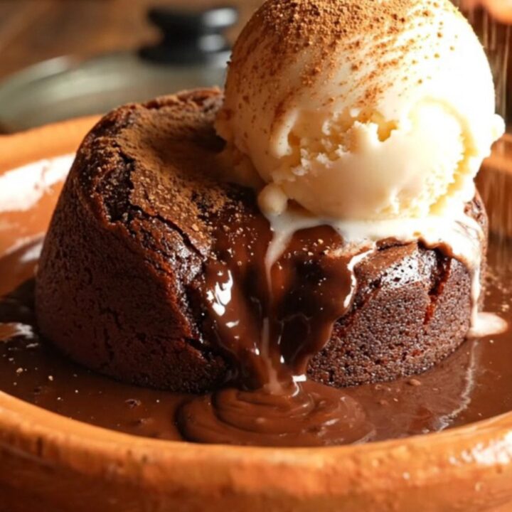 A close-up of a warm Mexican hot chocolate lava cake in a bowl, topped with ice cream.