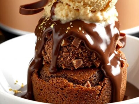 A close-up of a slow-cooker chocolate lava cake with a molten Ferrero Rocher center being scooped out.