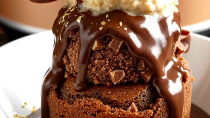A close-up of a slow-cooker chocolate lava cake with a molten Ferrero Rocher center being scooped out.