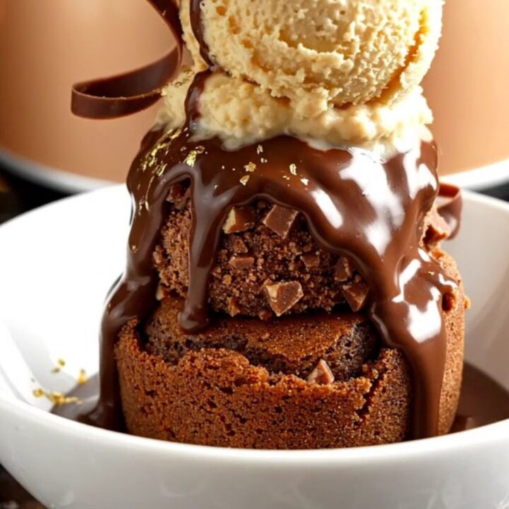 A close-up of a slow-cooker chocolate lava cake with a molten Ferrero Rocher center being scooped out.