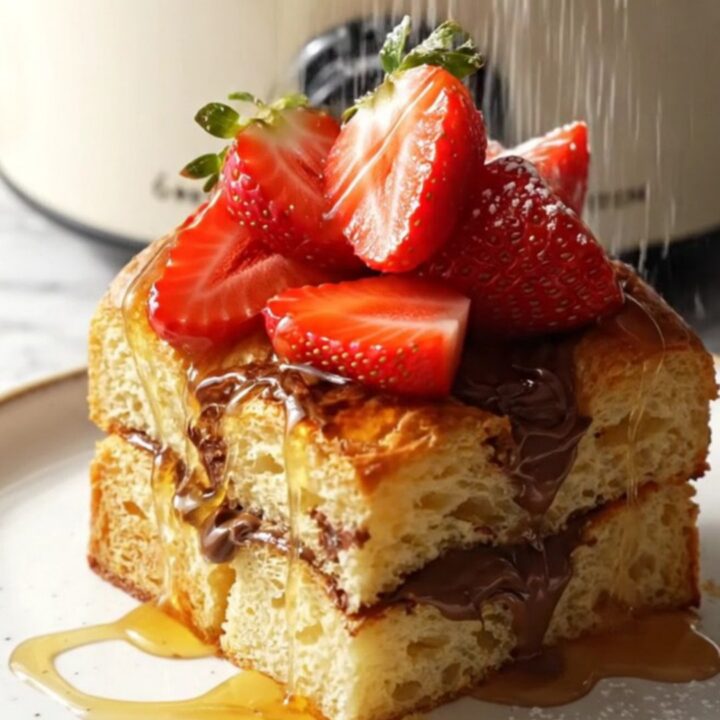 A close-up of a warm Nutella stuffed brioche French toast bake in a ceramic slow cooker.