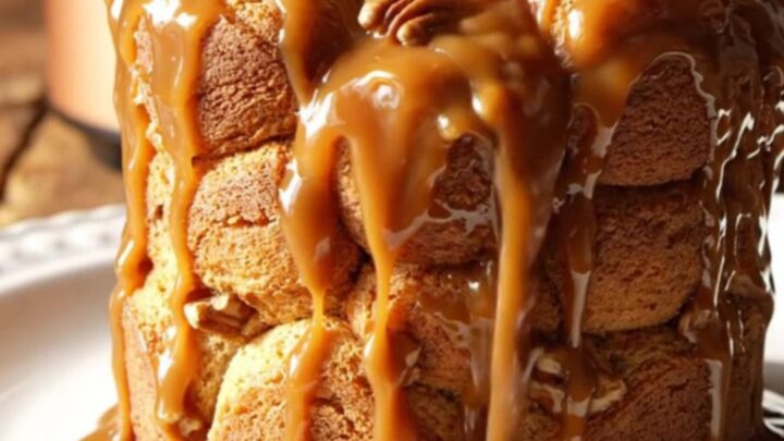 A close-up of pull-apart monkey bread with glossy caramel and toasted pecans in a rustic slow cooker.