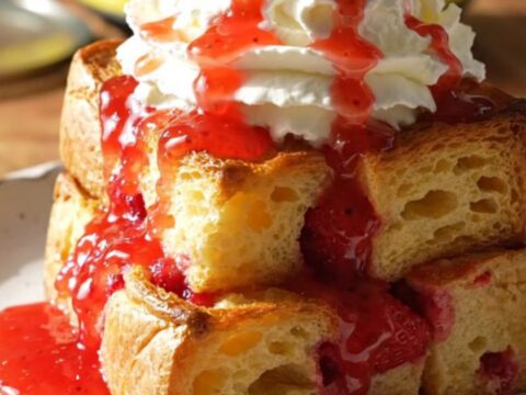 A close-up of a golden strawberry shortcake French toast bake in a yellow Crockpot with ruby red strawberries.