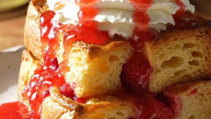 A close-up of a golden strawberry shortcake French toast bake in a yellow Crockpot with ruby red strawberries.