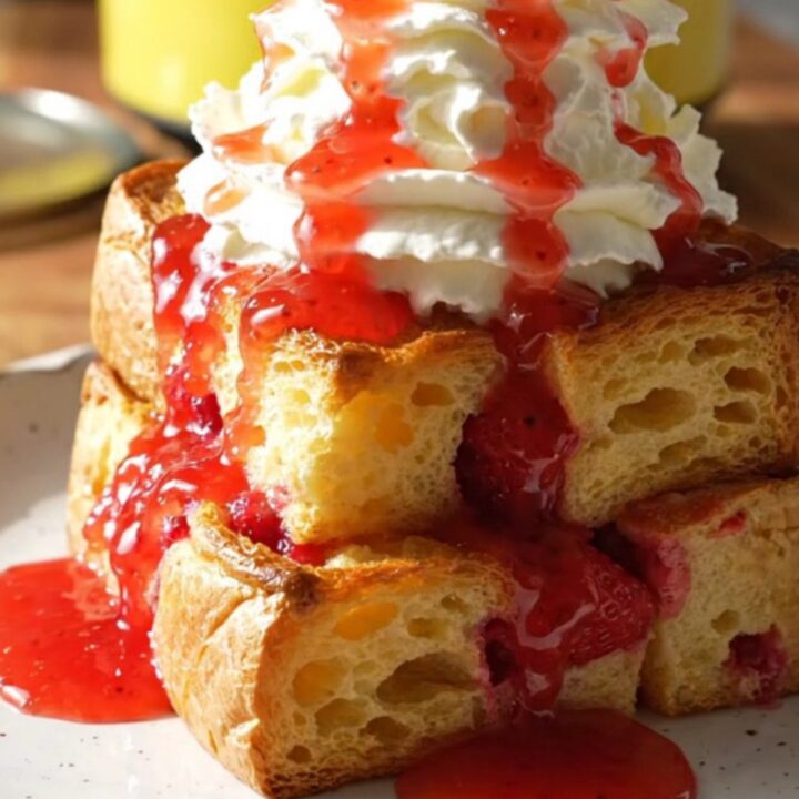 A close-up of a golden strawberry shortcake French toast bake in a yellow Crockpot with ruby red strawberries.