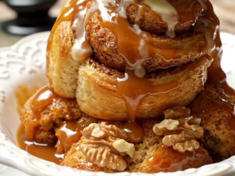 A steaming scoop of Bananas Foster cinnamon roll casserole topped with vanilla ice cream in a white bowl.