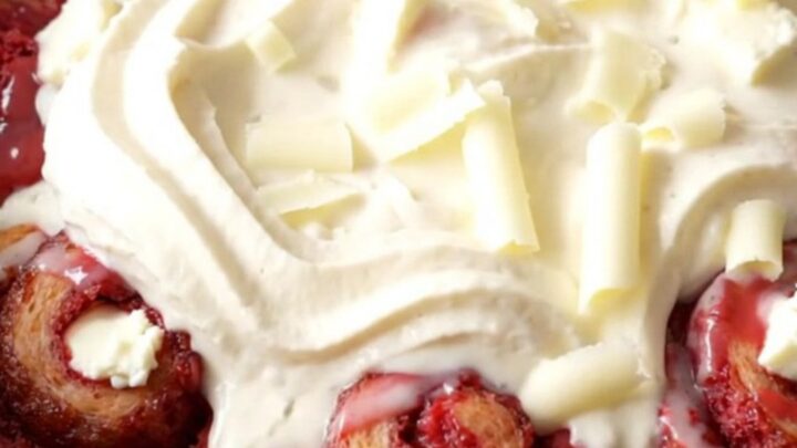 A vibrant red velvet cinnamon roll bake in a red ceramic slow cooker, topped with white icing and chocolate curls.