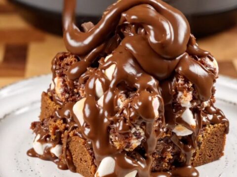 Close-up of gooey s'mores monkey bread being pulled apart with melted marshmallow strings.