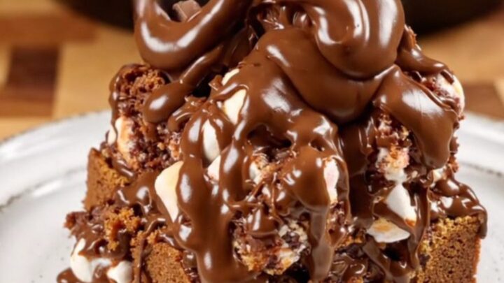 Close-up of gooey s'mores monkey bread being pulled apart with melted marshmallow strings.