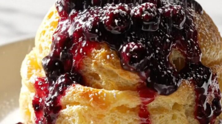 A golden, fluffy lemon blueberry ricotta French toast bake served in a white ceramic slow cooker.