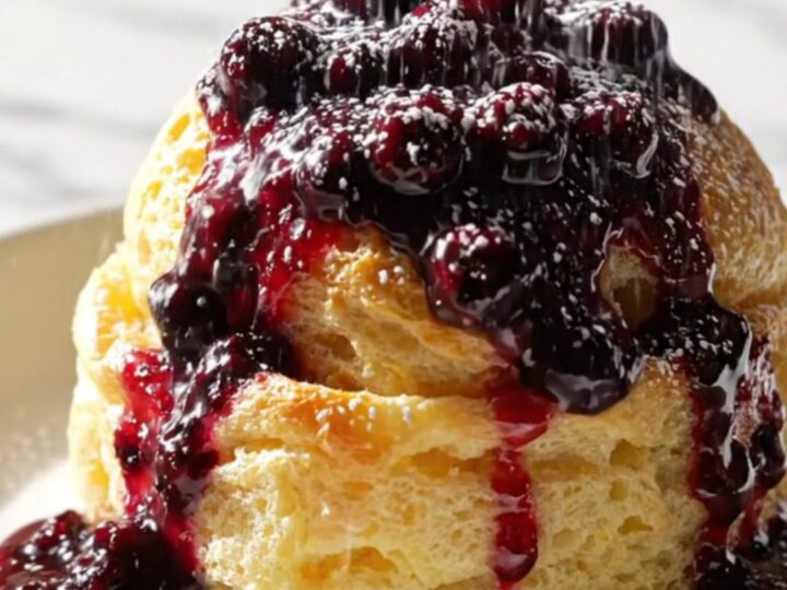 A golden, fluffy lemon blueberry ricotta French toast bake served in a white ceramic slow cooker.