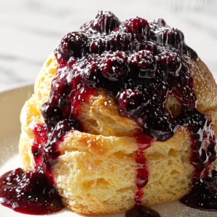 A golden, fluffy lemon blueberry ricotta French toast bake served in a white ceramic slow cooker.